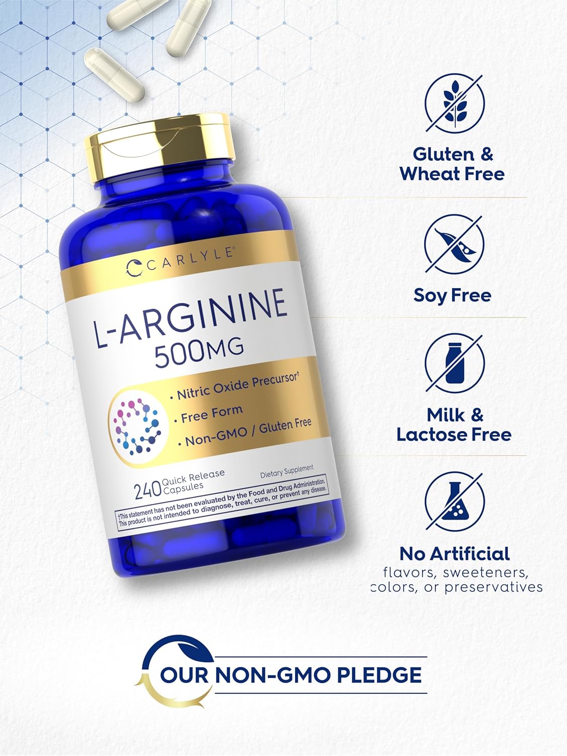 Carlyle L-Arginine Capsules 500mg | 240 Count | Non-GMO & Gluten Free | Free Form Supplement