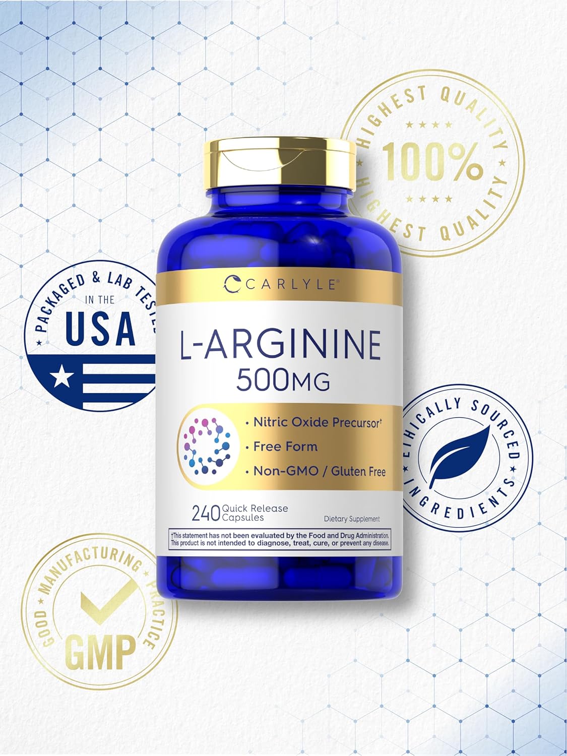 Carlyle L-Arginine Capsules 500mg | 240 Count | Non-GMO & Gluten Free | Free Form Supplement