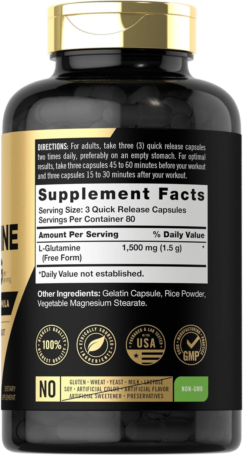 Carlyle L Glutamine Capsules 1500mg 240 Count for Athletes Pre and Post Workout Non-GMO Gluten Free