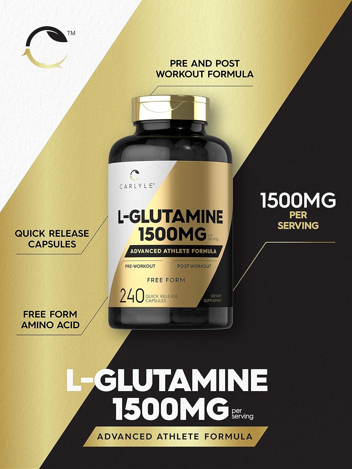 Carlyle L Glutamine Capsules 1500mg 240 Count for Athletes Pre and Post Workout Non-GMO Gluten Free