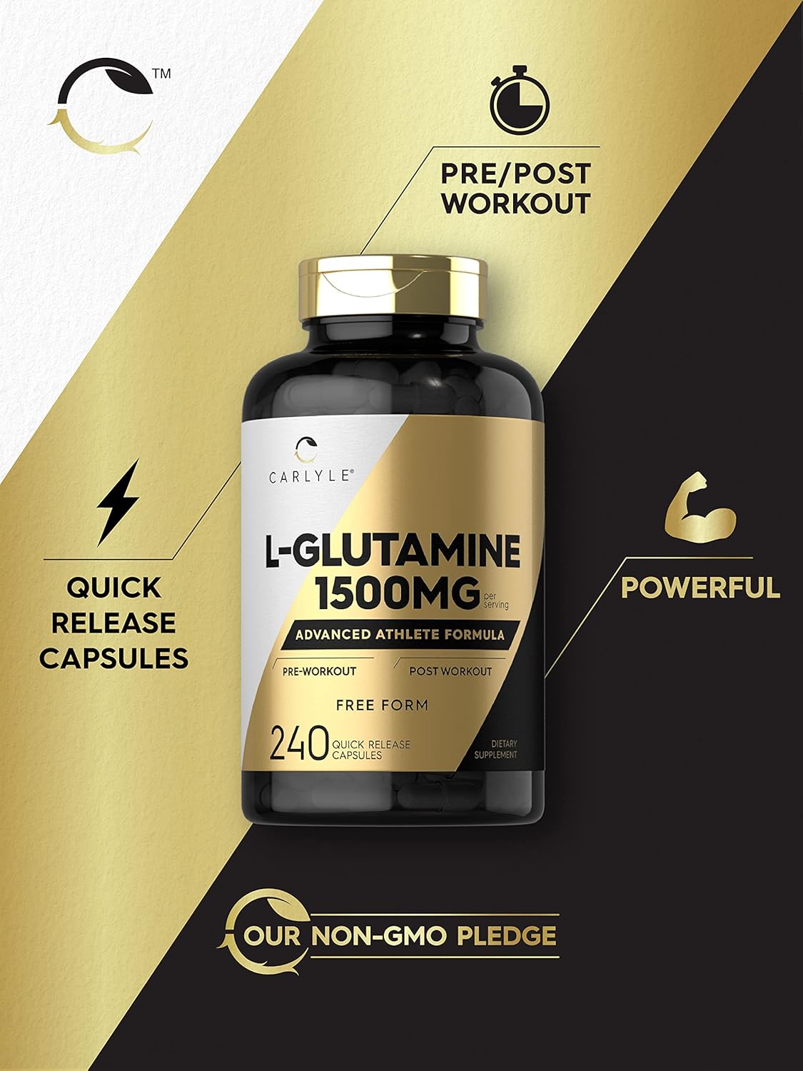 Carlyle L Glutamine Capsules 1500mg 240 Count for Athletes Pre and Post Workout Non-GMO Gluten Free