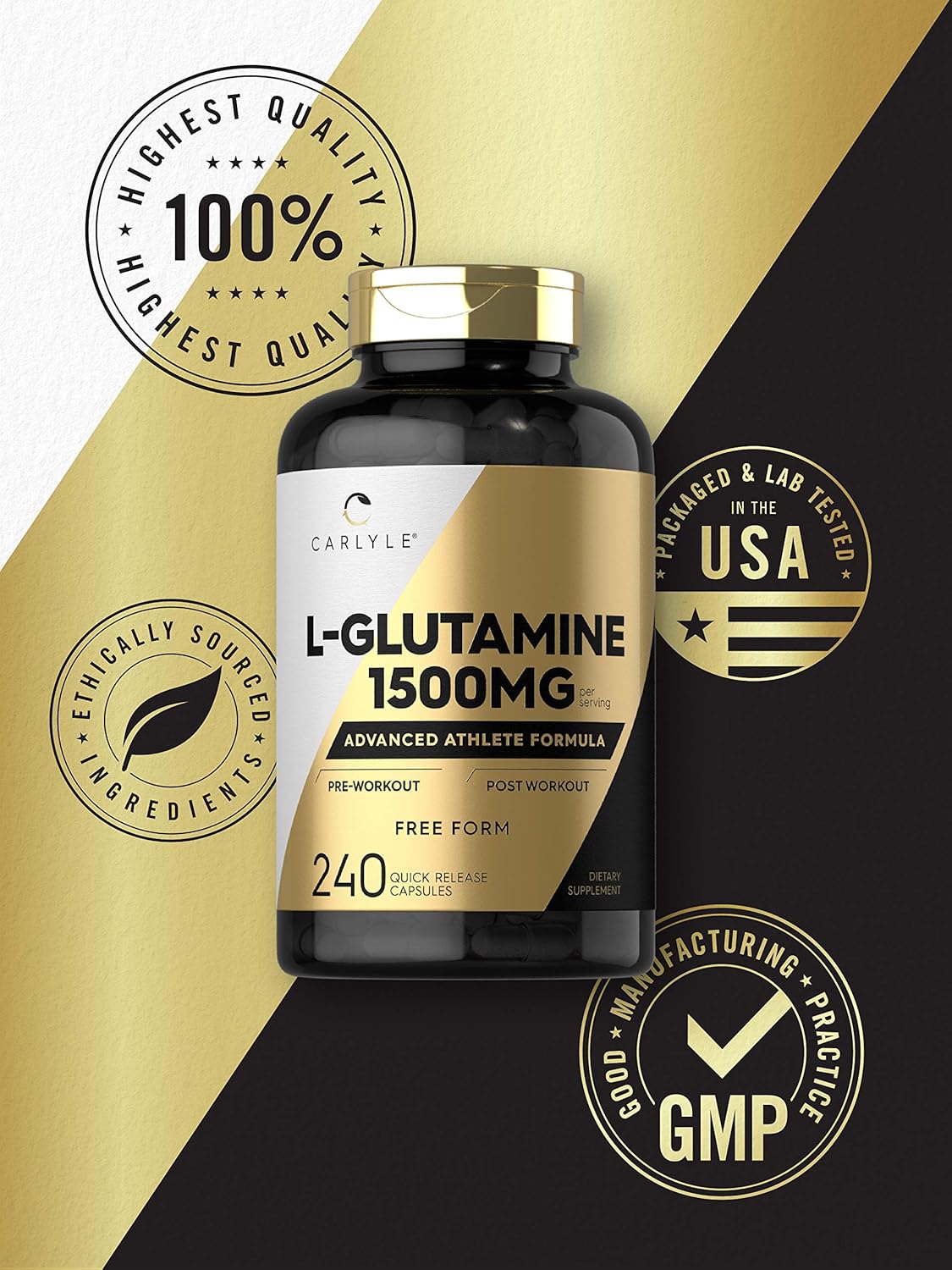 Carlyle L Glutamine Capsules 1500mg 240 Count for Athletes Pre and Post Workout Non-GMO Gluten Free