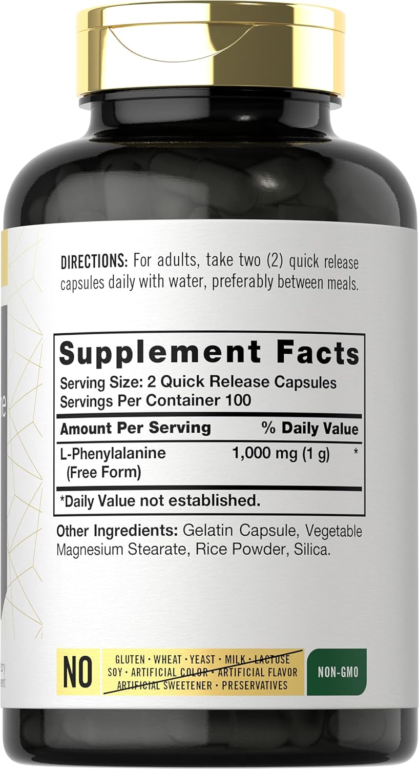 Carlyle L-Phenylalanine 1000mg Capsules - 200 Count - Non-GMO & Gluten-Free Free Form Supplement