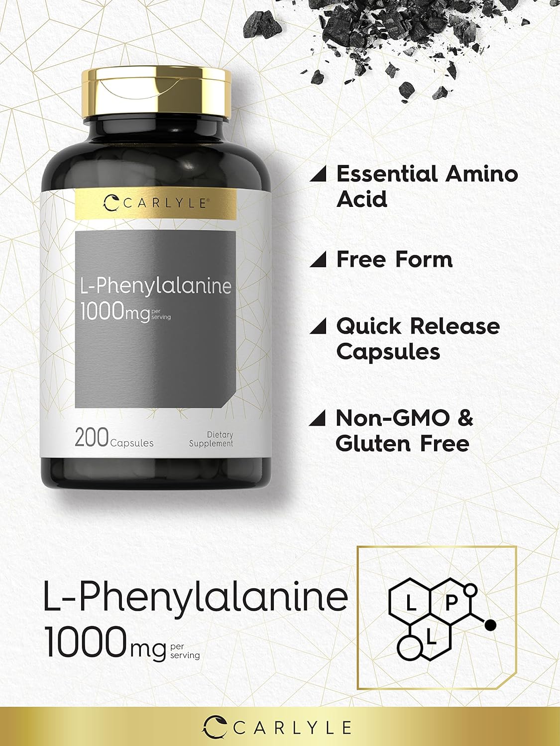 Carlyle L-Phenylalanine 1000mg Capsules - 200 Count - Non-GMO & Gluten-Free Free Form Supplement
