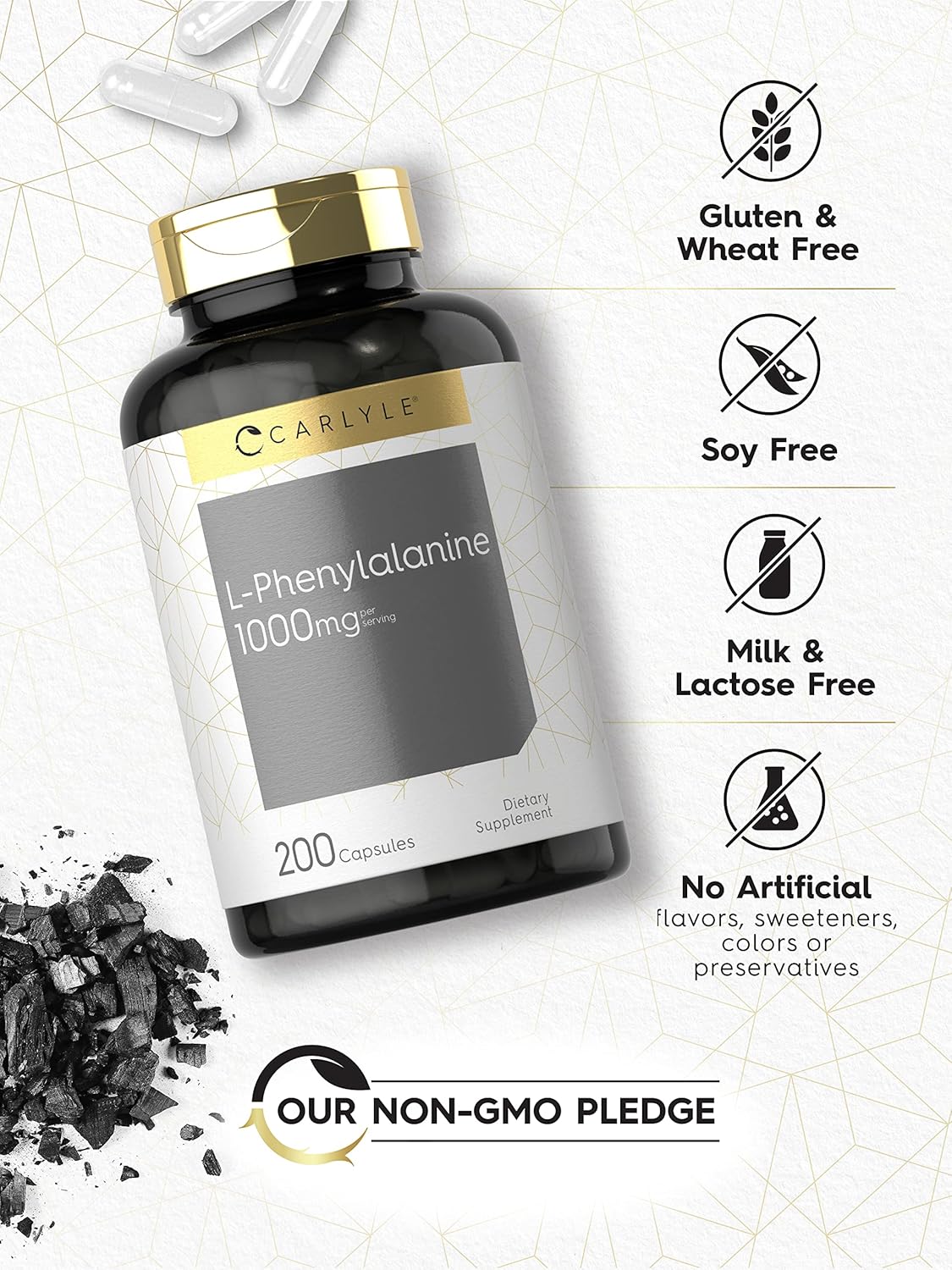 Carlyle L-Phenylalanine 1000mg Capsules - 200 Count - Non-GMO & Gluten-Free Free Form Supplement
