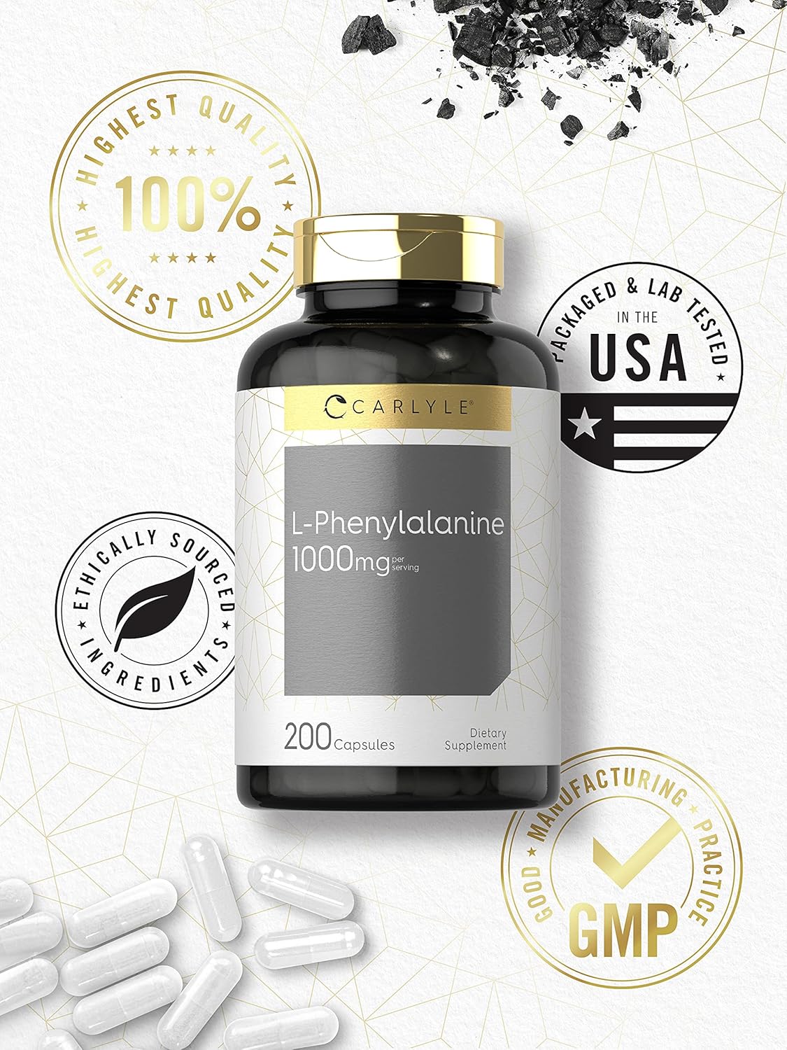 Carlyle L-Phenylalanine 1000mg Capsules - 200 Count - Non-GMO & Gluten-Free Free Form Supplement