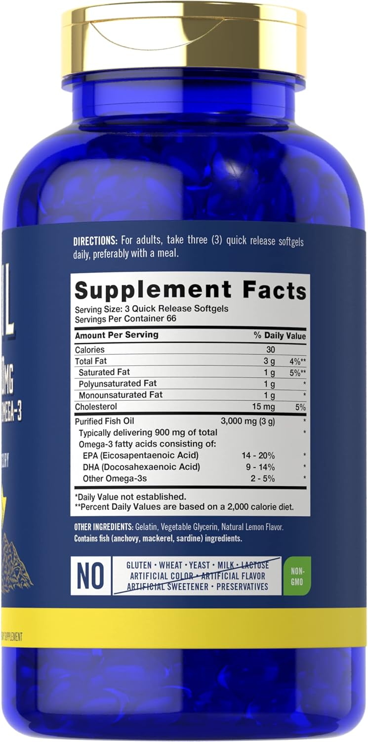 Carlyle Lemon Flavored Fish Oil Softgels - 200 Count, 3000mg, 900mg Omega-3 - Non-GMO & Gluten-Free
