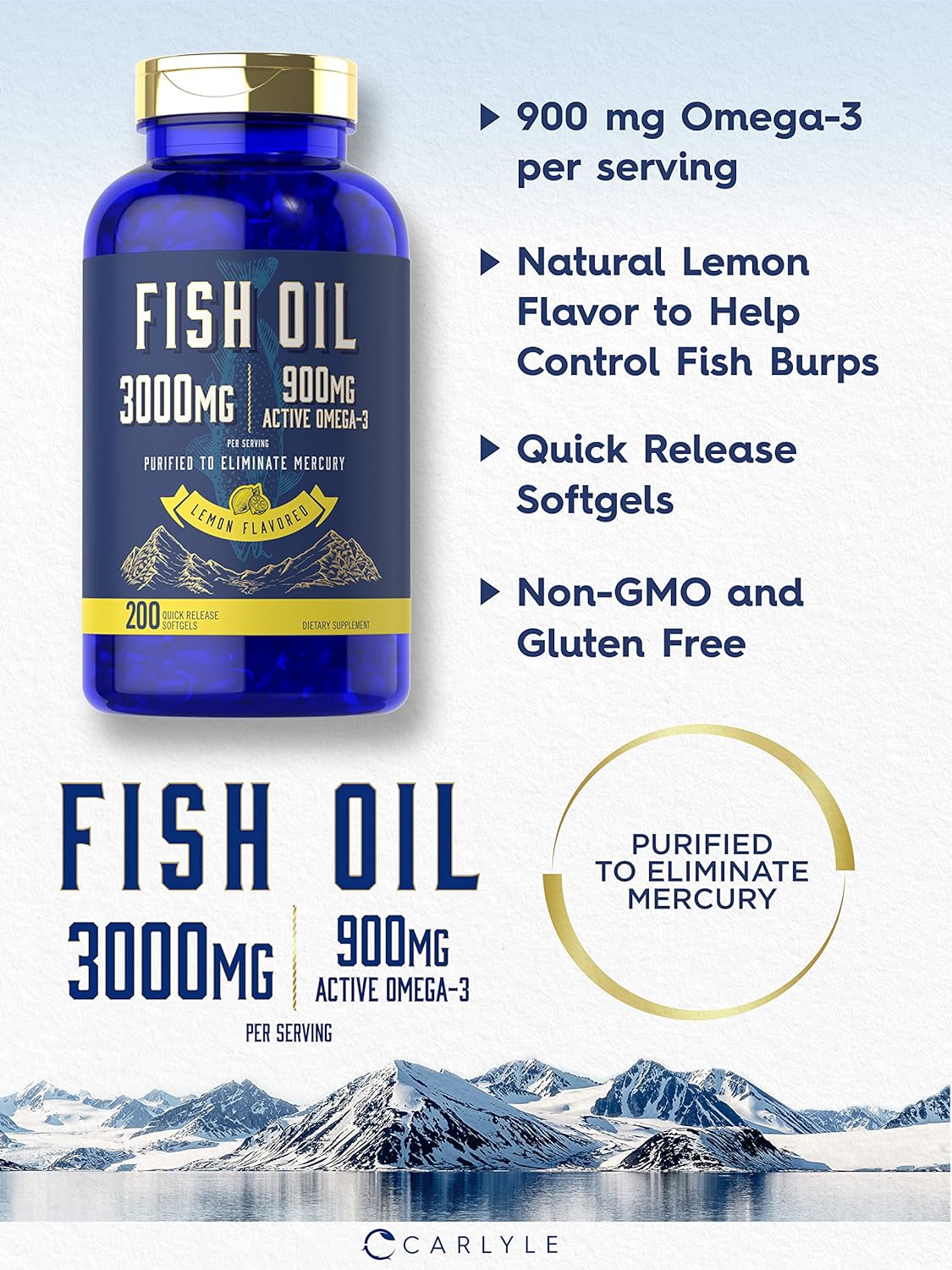 Carlyle Lemon Flavored Fish Oil Softgels - 200 Count, 3000mg, 900mg Omega-3 - Non-GMO & Gluten-Free
