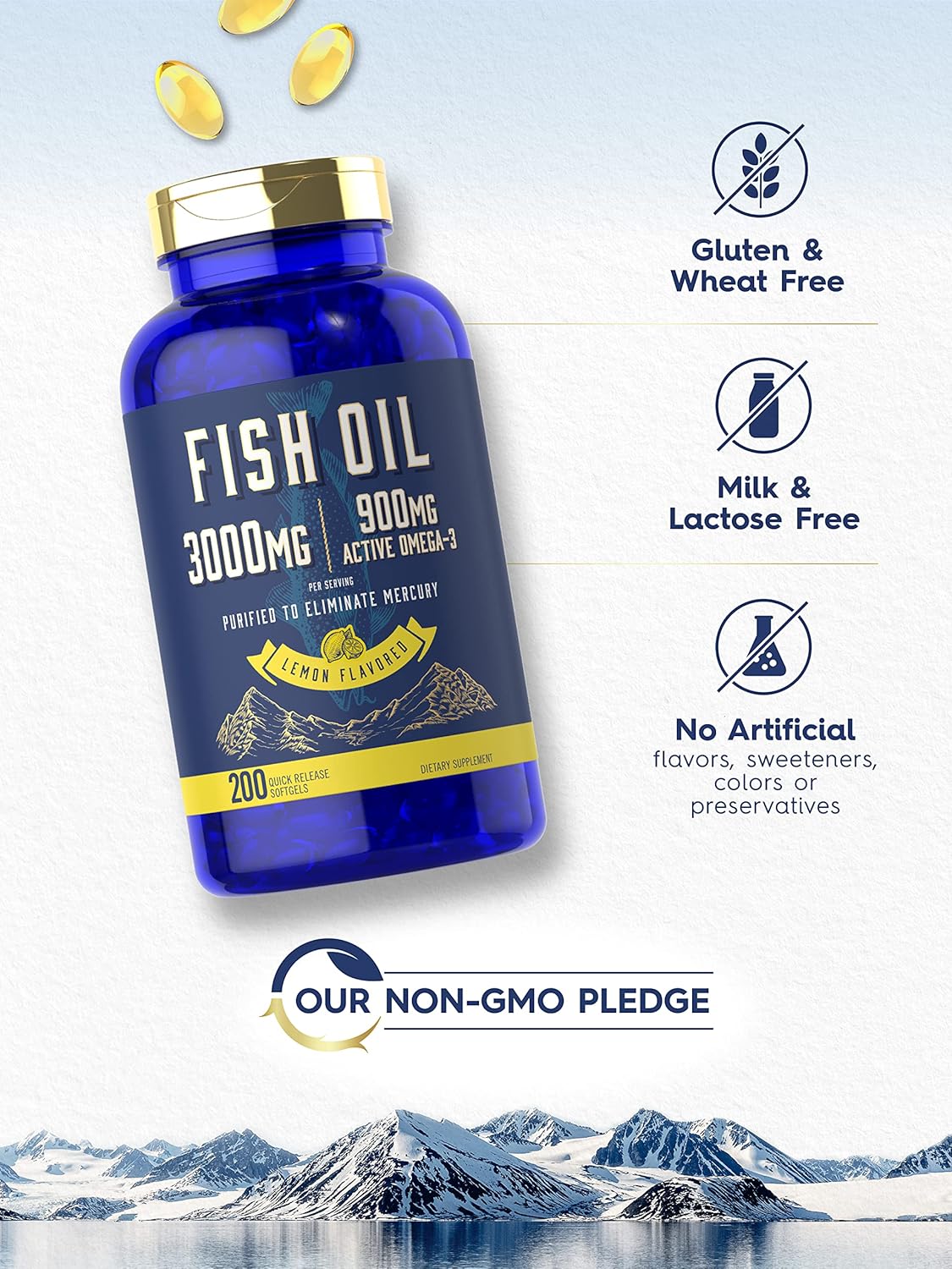 Carlyle Lemon Flavored Fish Oil Softgels - 200 Count, 3000mg, 900mg Omega-3 - Non-GMO & Gluten-Free