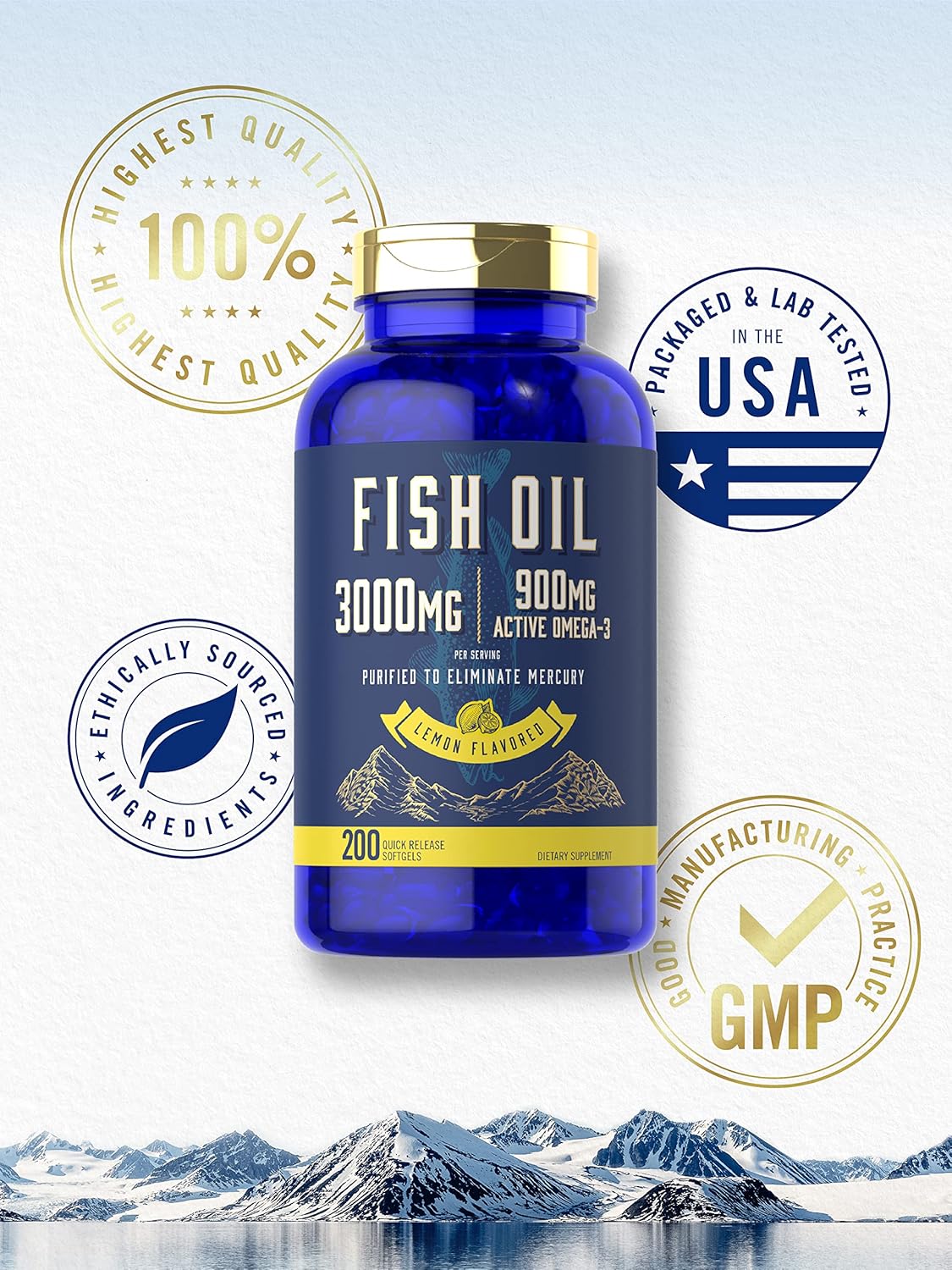 Carlyle Lemon Flavored Fish Oil Softgels - 200 Count, 3000mg, 900mg Omega-3 - Non-GMO & Gluten-Free