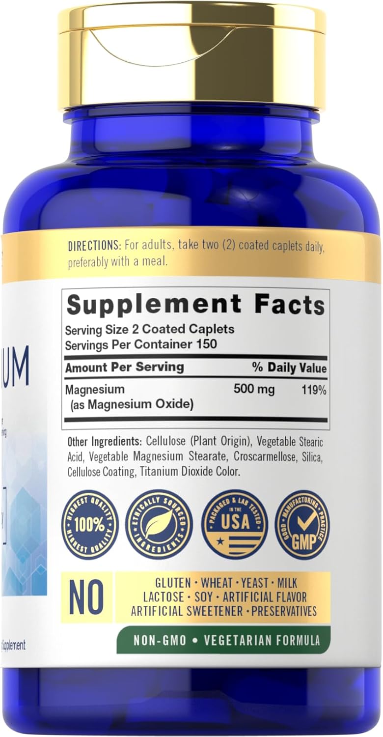 Carlyle Magnesium 500mg Supplement - 300 Coated Caplets, Vegetarian, Non-GMO, Gluten Free