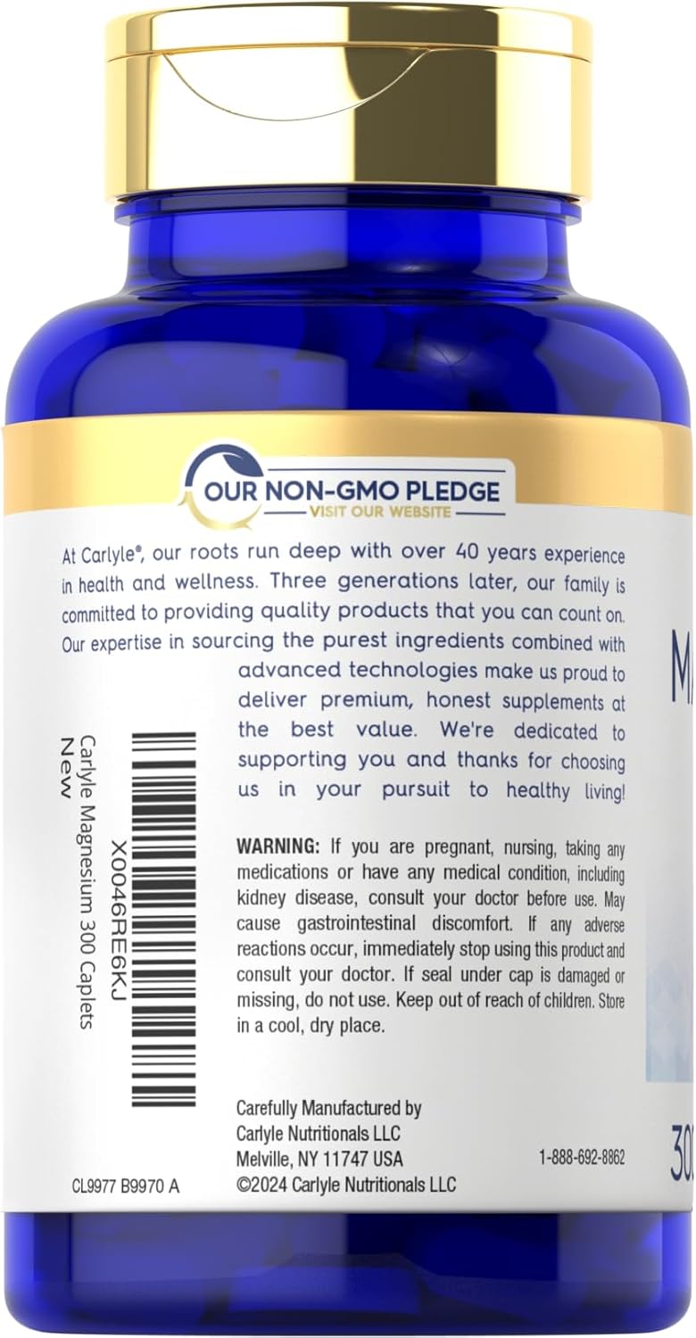 Carlyle Magnesium 500mg Supplement - 300 Coated Caplets, Vegetarian, Non-GMO, Gluten Free