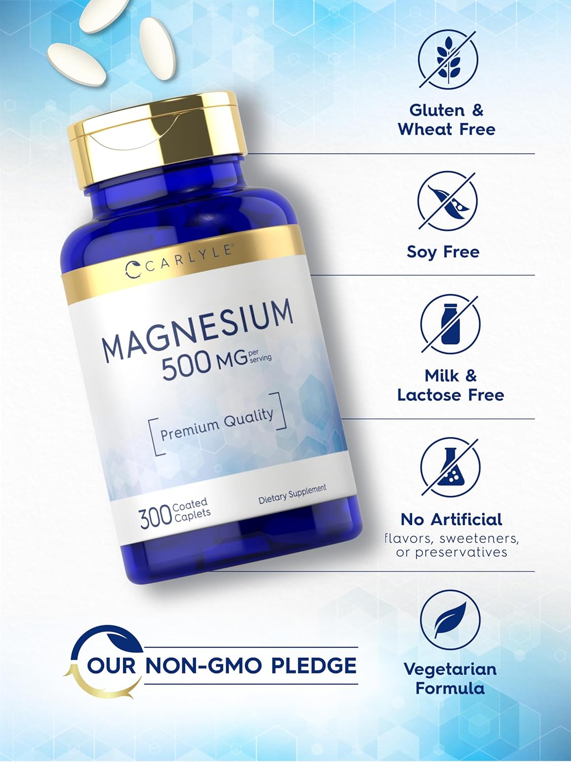 Carlyle Magnesium 500mg Supplement - 300 Coated Caplets, Vegetarian, Non-GMO, Gluten Free