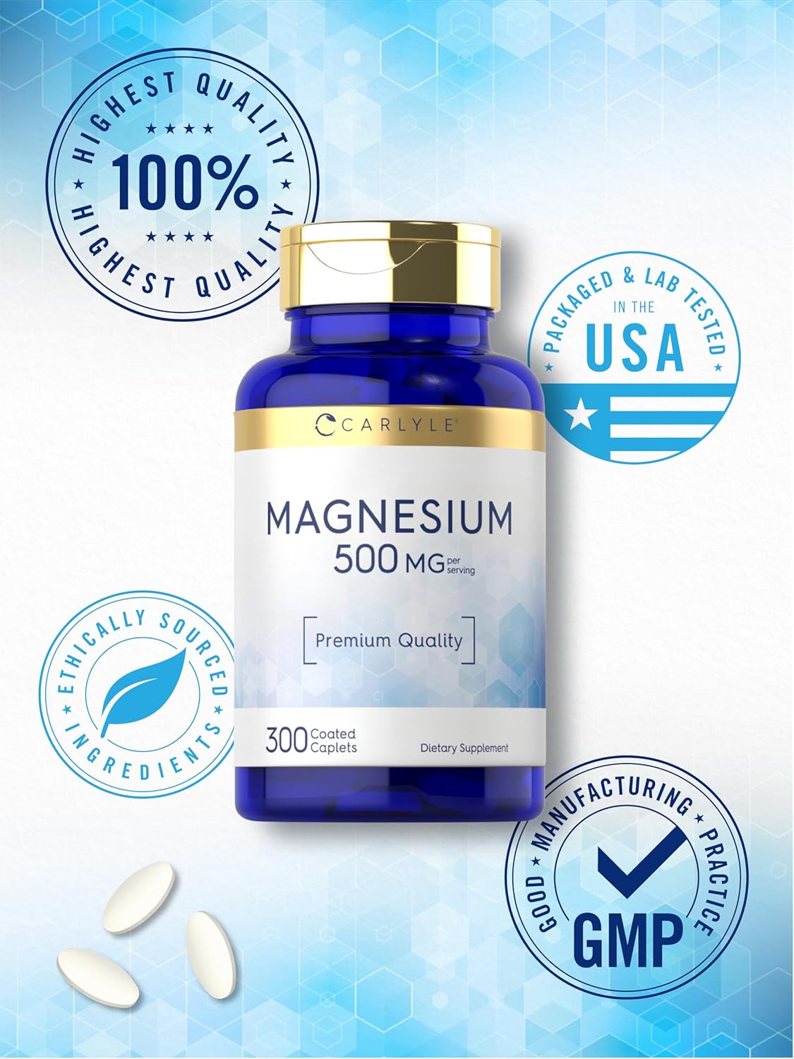 Carlyle Magnesium 500mg Supplement - 300 Coated Caplets, Vegetarian, Non-GMO, Gluten Free