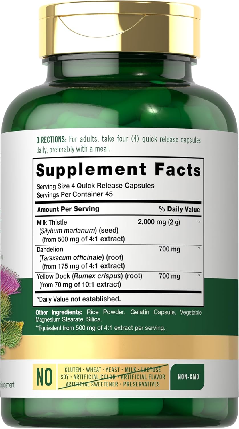 Carlyle Milk Thistle 2000mg 180 Capsules with Dandelion & Yellow Dock Non-GMO Gluten Free Supplement