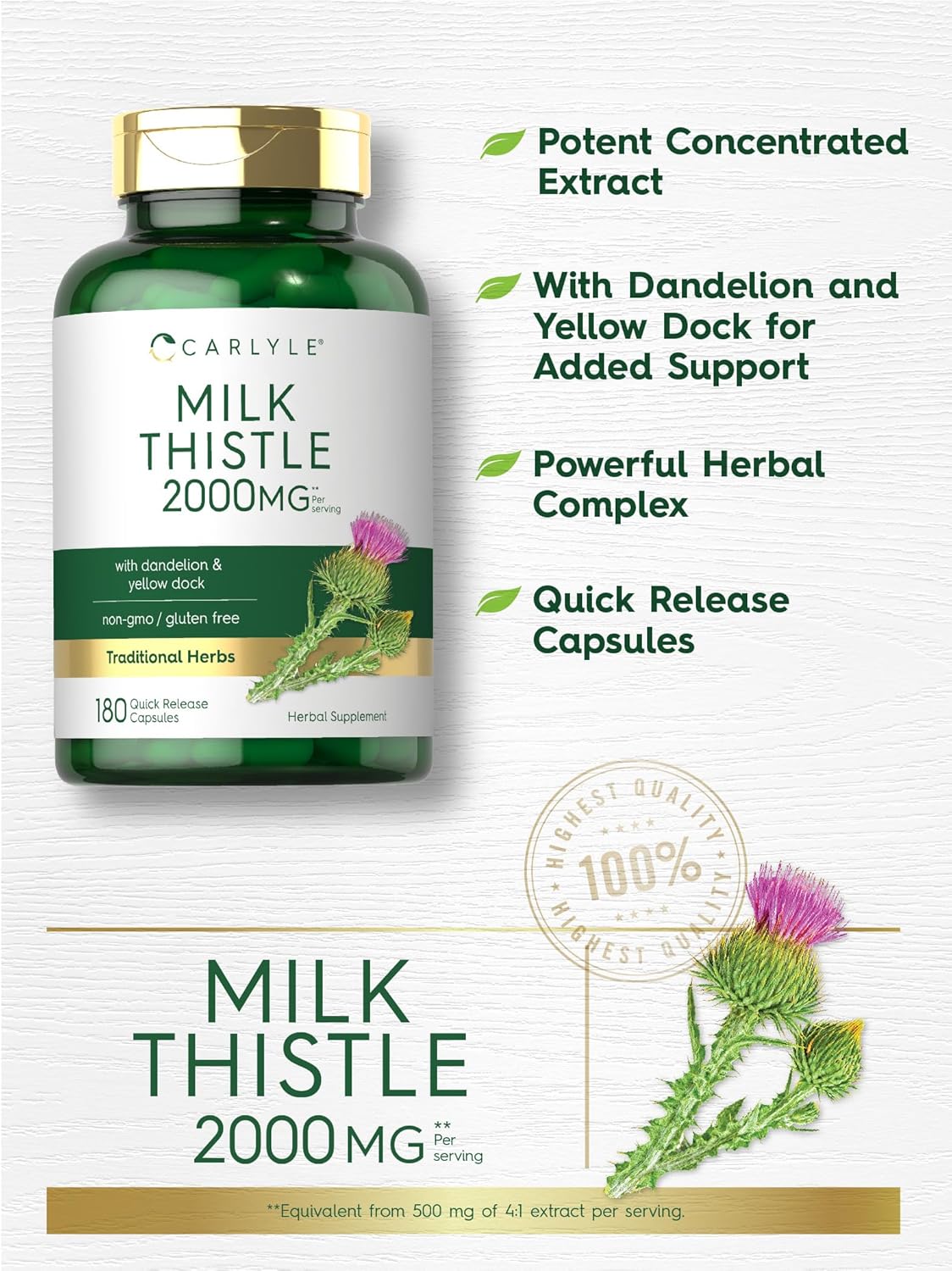 Carlyle Milk Thistle 2000mg 180 Capsules with Dandelion & Yellow Dock Non-GMO Gluten Free Supplement
