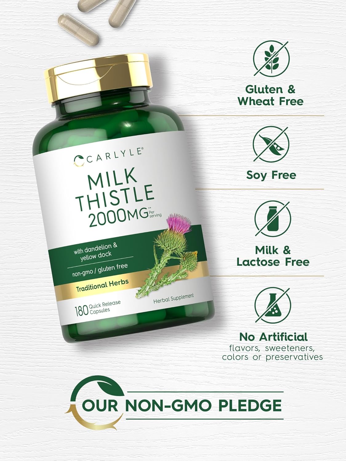 Carlyle Milk Thistle 2000mg 180 Capsules with Dandelion & Yellow Dock Non-GMO Gluten Free Supplement