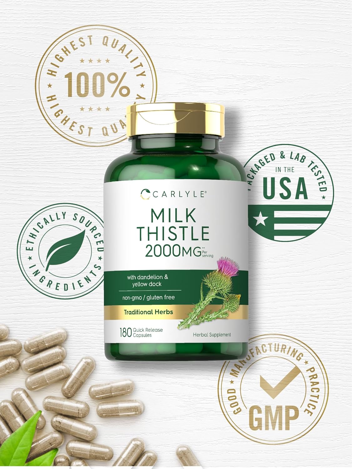 Carlyle Milk Thistle 2000mg 180 Capsules with Dandelion & Yellow Dock Non-GMO Gluten Free Supplement
