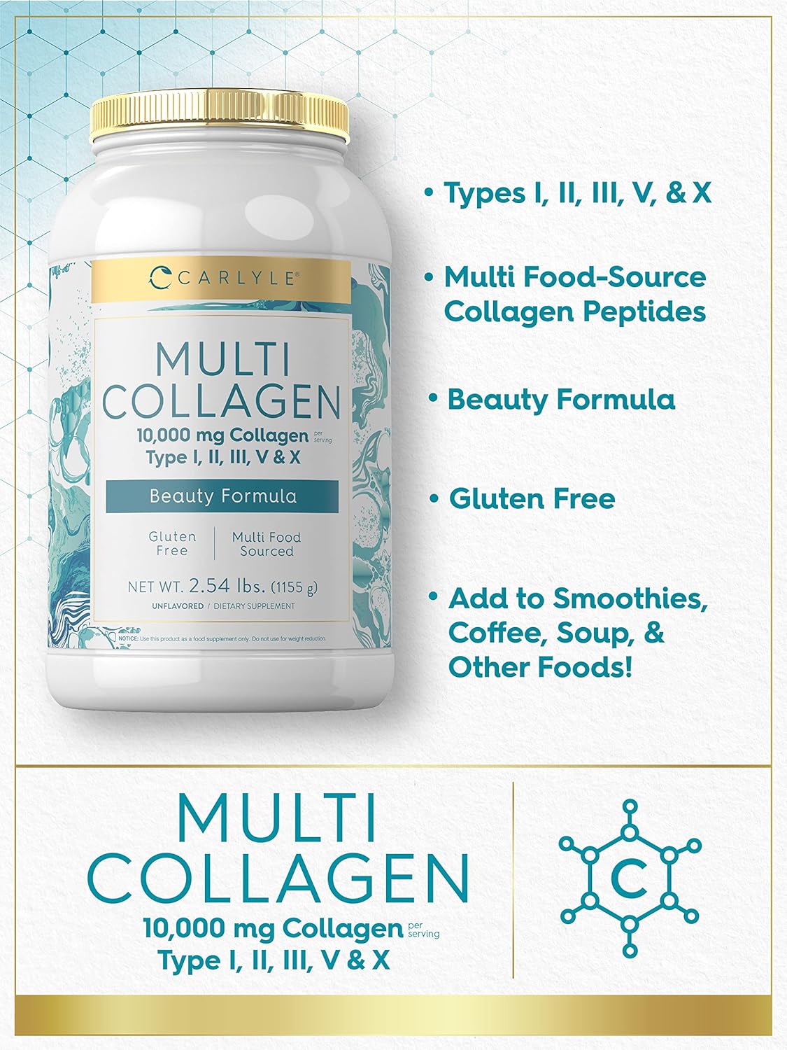 Carlyle Multi Collagen Peptides Powder 40 oz | 10000 mg | Types I, II, III, V & X | Protein Supplement | Multi Food Sourced & Gluten Free
