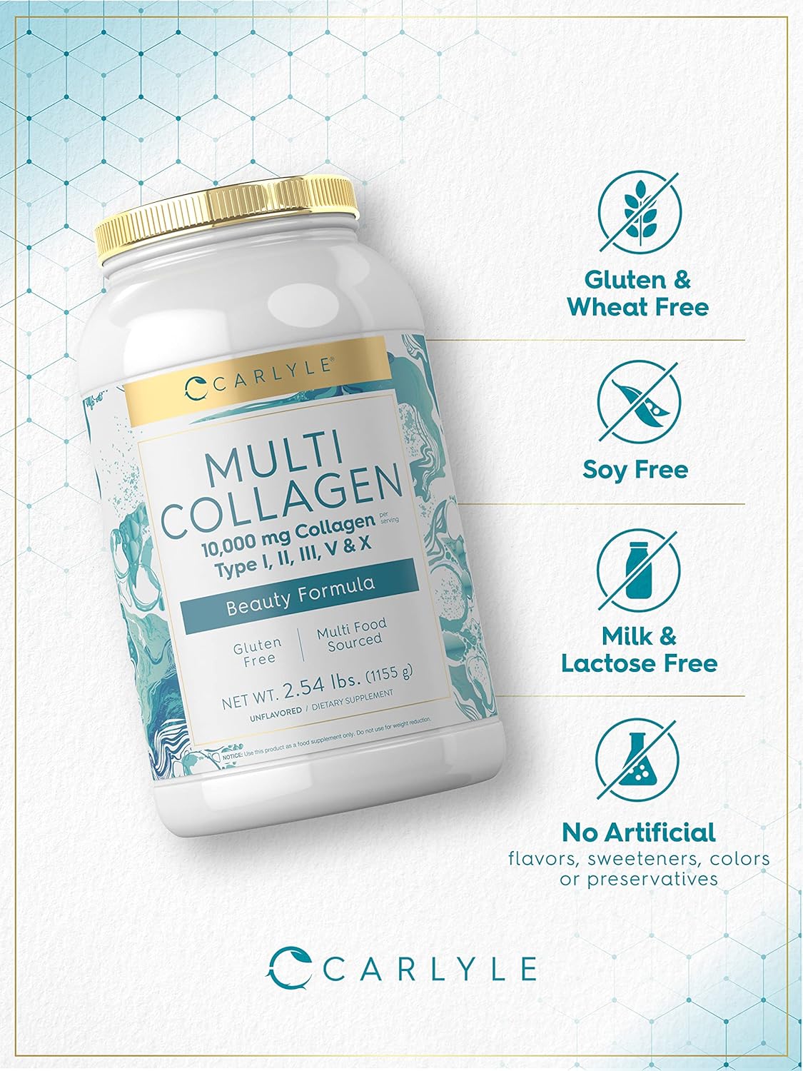 Carlyle Multi Collagen Peptides Powder 40 oz | 10000 mg | Types I, II, III, V & X | Protein Supplement | Multi Food Sourced & Gluten Free