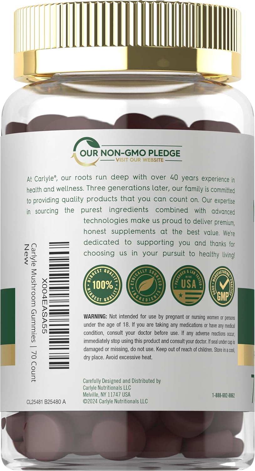 Carlyle Mushroom Supplement Gummies - 70 Vegan Gummies - 10-in-1 Blend - Non-GMO and Gluten-Free