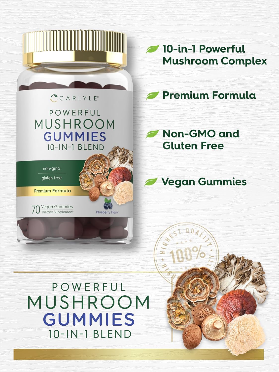 Carlyle Mushroom Supplement Gummies - 70 Vegan Gummies - 10-in-1 Blend - Non-GMO and Gluten-Free