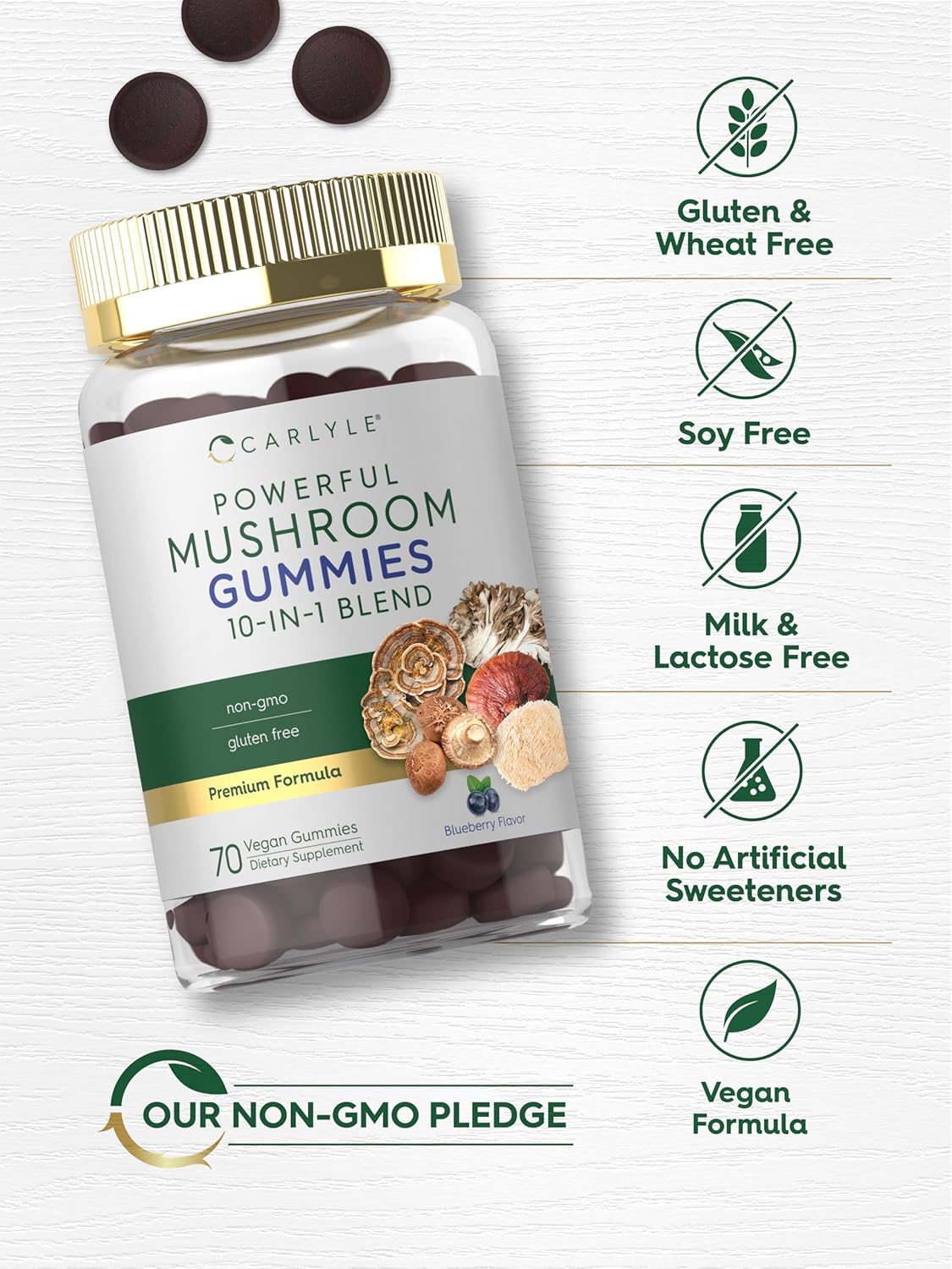 Carlyle Mushroom Supplement Gummies - 70 Vegan Gummies - 10-in-1 Blend - Non-GMO and Gluten-Free