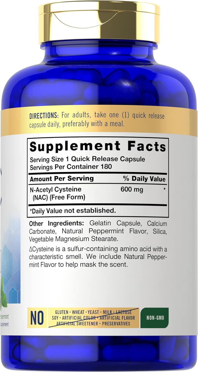 Carlyle NAC N-Acetyl Cysteine Capsules 600mg - 180 Count with Peppermint | Free Form Non-GMO Gluten Free Supplement