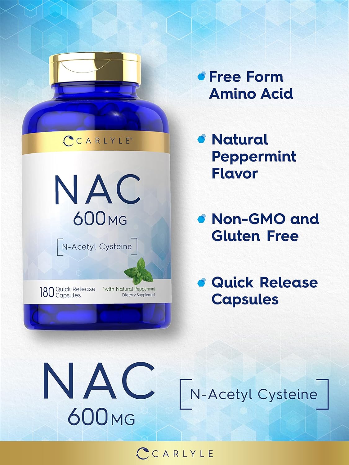 Carlyle NAC N-Acetyl Cysteine Capsules 600mg - 180 Count with Peppermint | Free Form Non-GMO Gluten Free Supplement