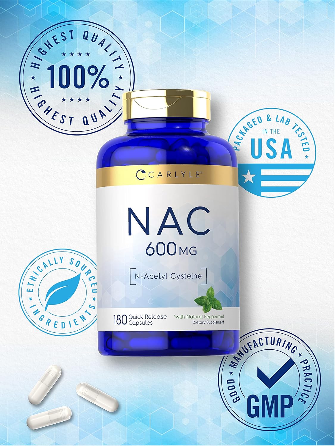 Carlyle NAC N-Acetyl Cysteine Capsules 600mg - 180 Count with Peppermint | Free Form Non-GMO Gluten Free Supplement