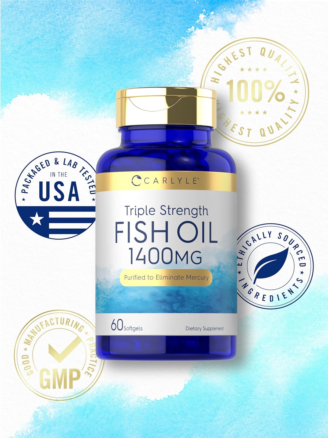 Carlyle Triple Strength Omega 3 Fish Oil Softgels - 1400mg, 60 Count - Non-GMO, Gluten Free Omega-3 Supplement