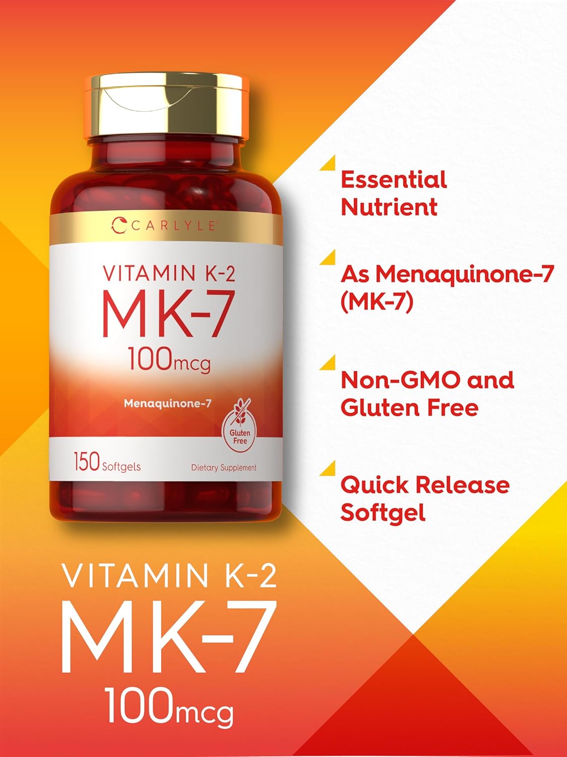 Carlyle Vitamin K2 MK7 100 mcg Softgels - 150 Count | Non-GMO & Gluten-Free Formula
