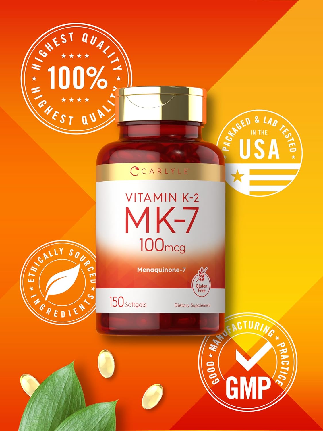 Carlyle Vitamin K2 MK7 100 mcg Softgels - 150 Count | Non-GMO & Gluten-Free Formula
