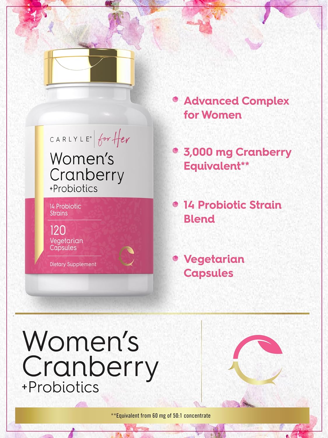 Carlyle Women's Cranberry Probiotic Supplement | 120 Capsules | 14 Probiotic Strains | Vegetarian, Non-GMO, Gluten-Free