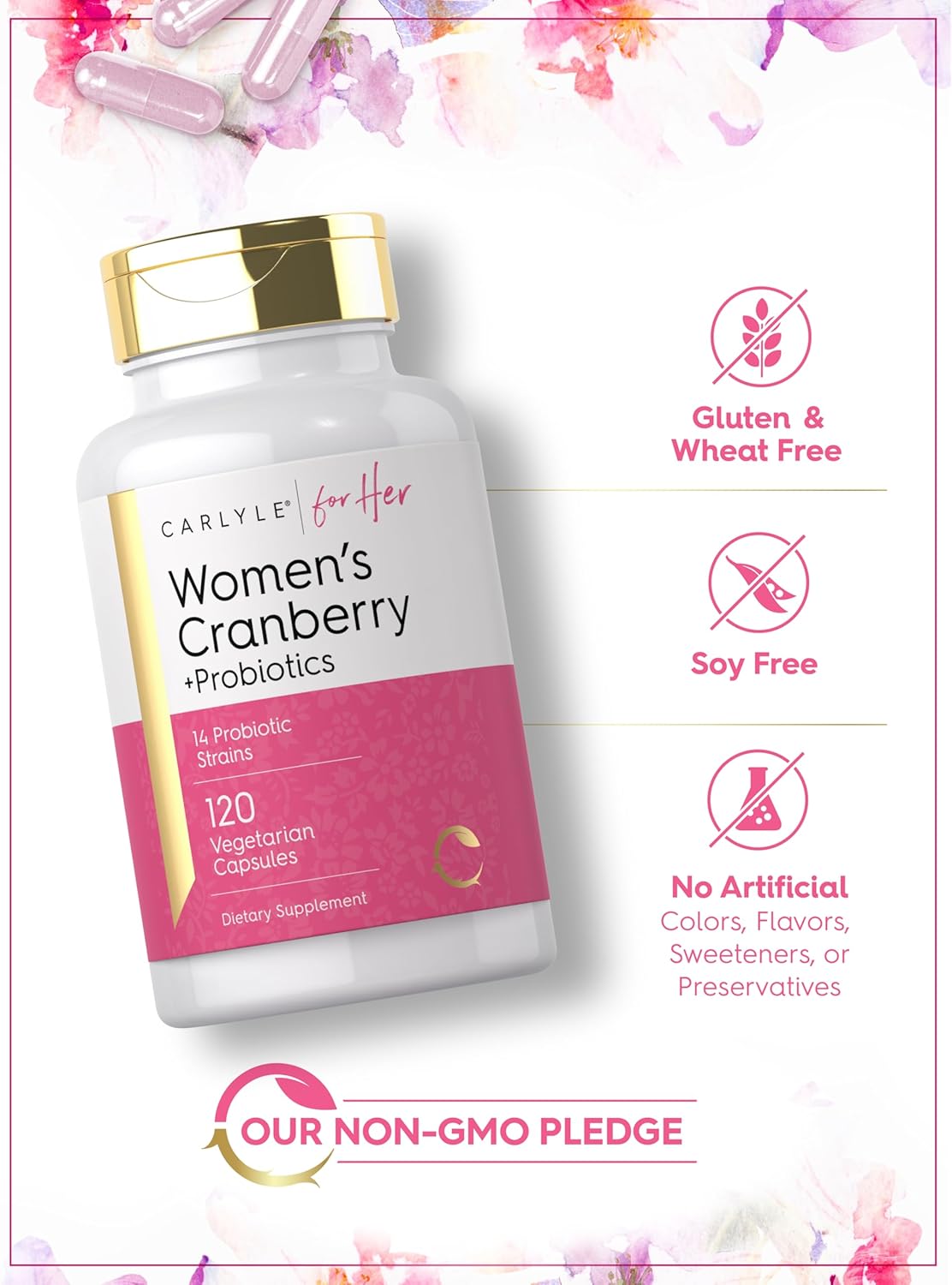 Carlyle Women's Cranberry Probiotic Supplement | 120 Capsules | 14 Probiotic Strains | Vegetarian, Non-GMO, Gluten-Free