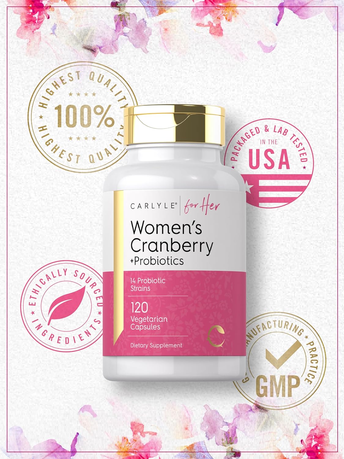 Carlyle Women's Cranberry Probiotic Supplement | 120 Capsules | 14 Probiotic Strains | Vegetarian, Non-GMO, Gluten-Free