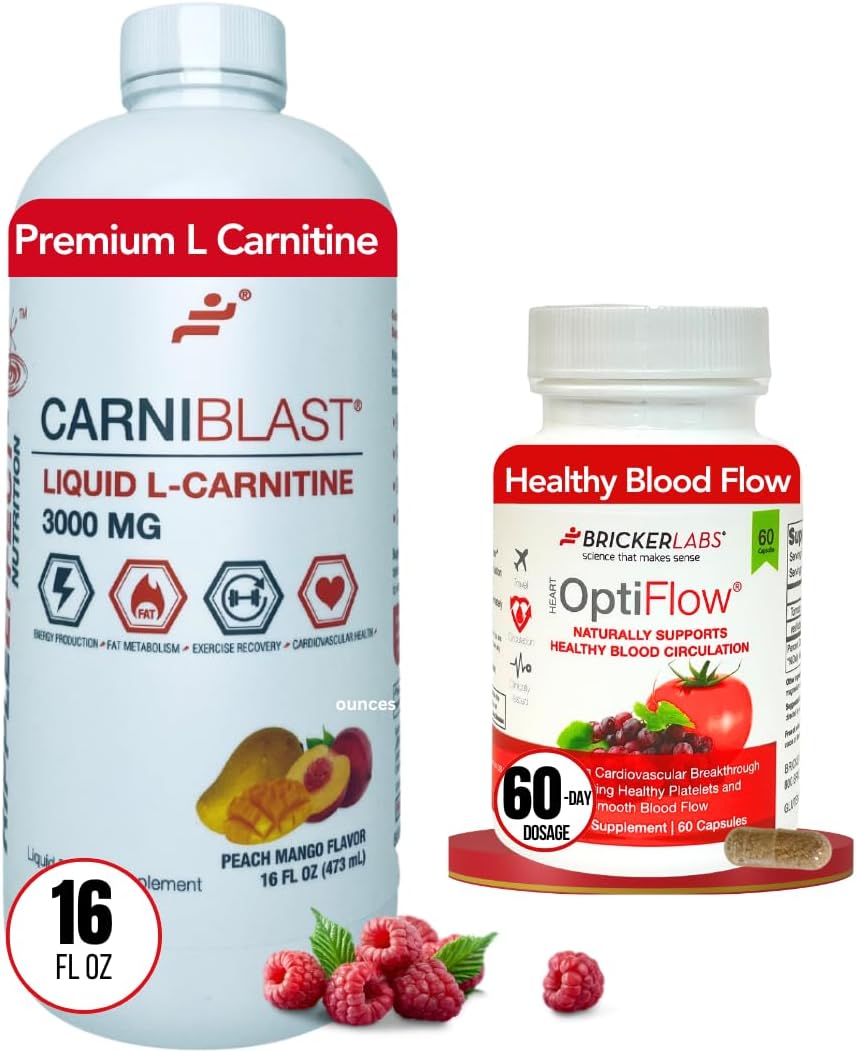 Carniblast Liquid L-Carnitine 3000 mg and Optiflow Blood Flow Supplement Combo, 60 Capsules - Boost Power and Performance
