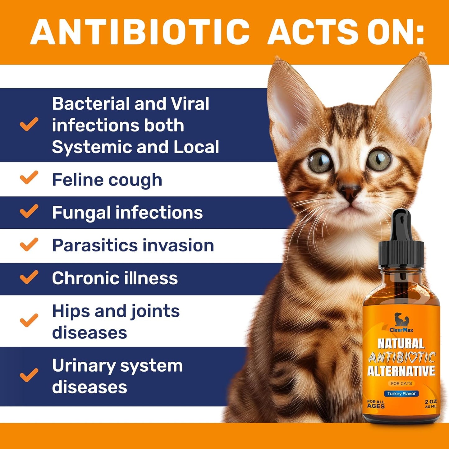 Cat Antibiotic Drops with Natural Turkey Flavor - Effective for Infections, Cough, UTIs, Allergies - Supports Hips & Joints - All Ages & Breeds - 2 Oz