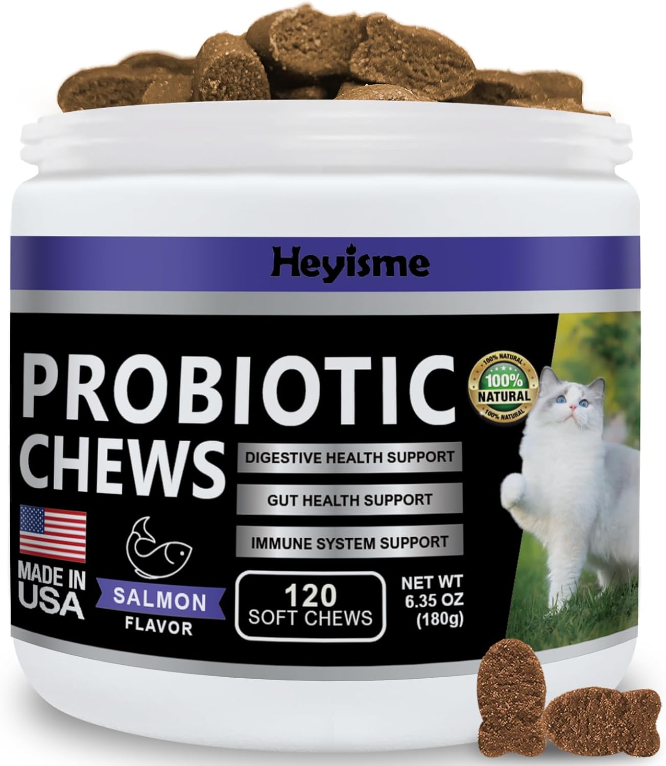 Cat Probiotic Chews for Gut & Immune Health - Digestive Support & Relief for Cats - 120 Salmon Pills