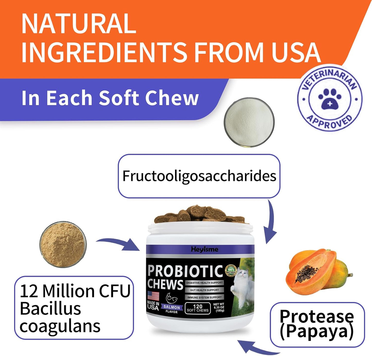 Cat Probiotic Chews for Gut & Immune Health - Digestive Support & Relief for Cats - 120 Salmon Pills