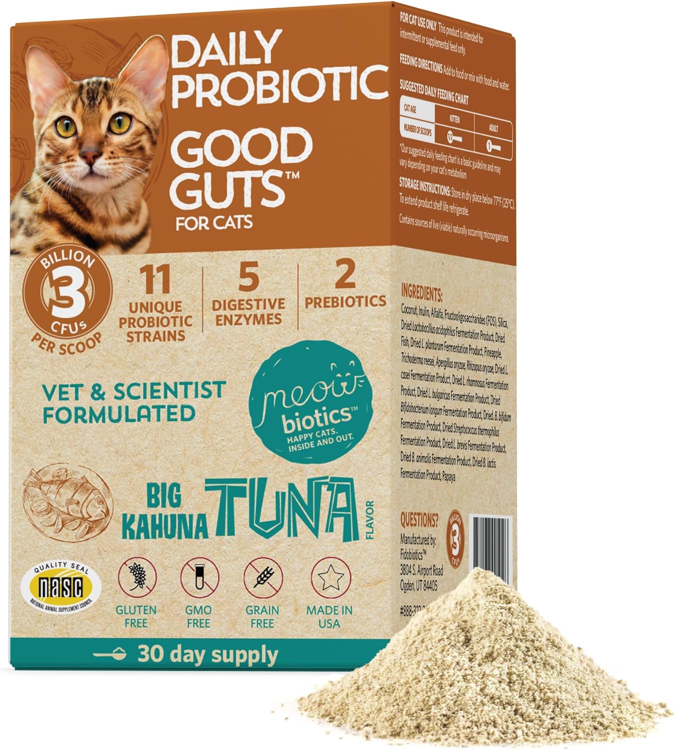 Cat Probiotic Powder with 11 Strains, 2 Prebiotics, 5 Enzymes - Tuna Flavor, Indoor & Outdoor - Digestive Support for Cats - 30 Day Supply