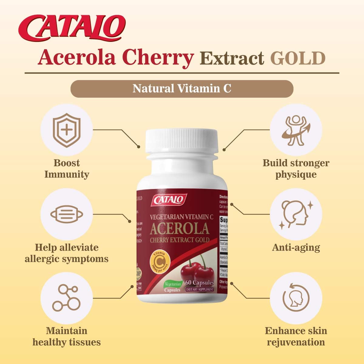 CATALO Acerola Cherry Extract GOLD: Natural Vitamin C for Immunity, Collagen, Skin, Allergies - Vegetarian, Gluten-Free - USA Made