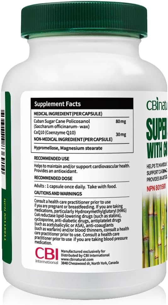 CBI Natural Super Policosanol 80mg and Coq10 30mg Vegan Capsules - 120 Count, 4-Month Supply