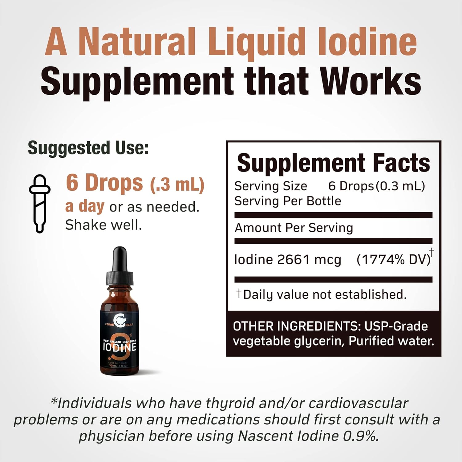 Cedar Bear Naturales Cedar Bear - 0.9% Pure Nascent Deep Earth Iodine Liquid Supplement for Thyroid Support and Metabolism, Alcohol-Free Drops - 1 fl oz