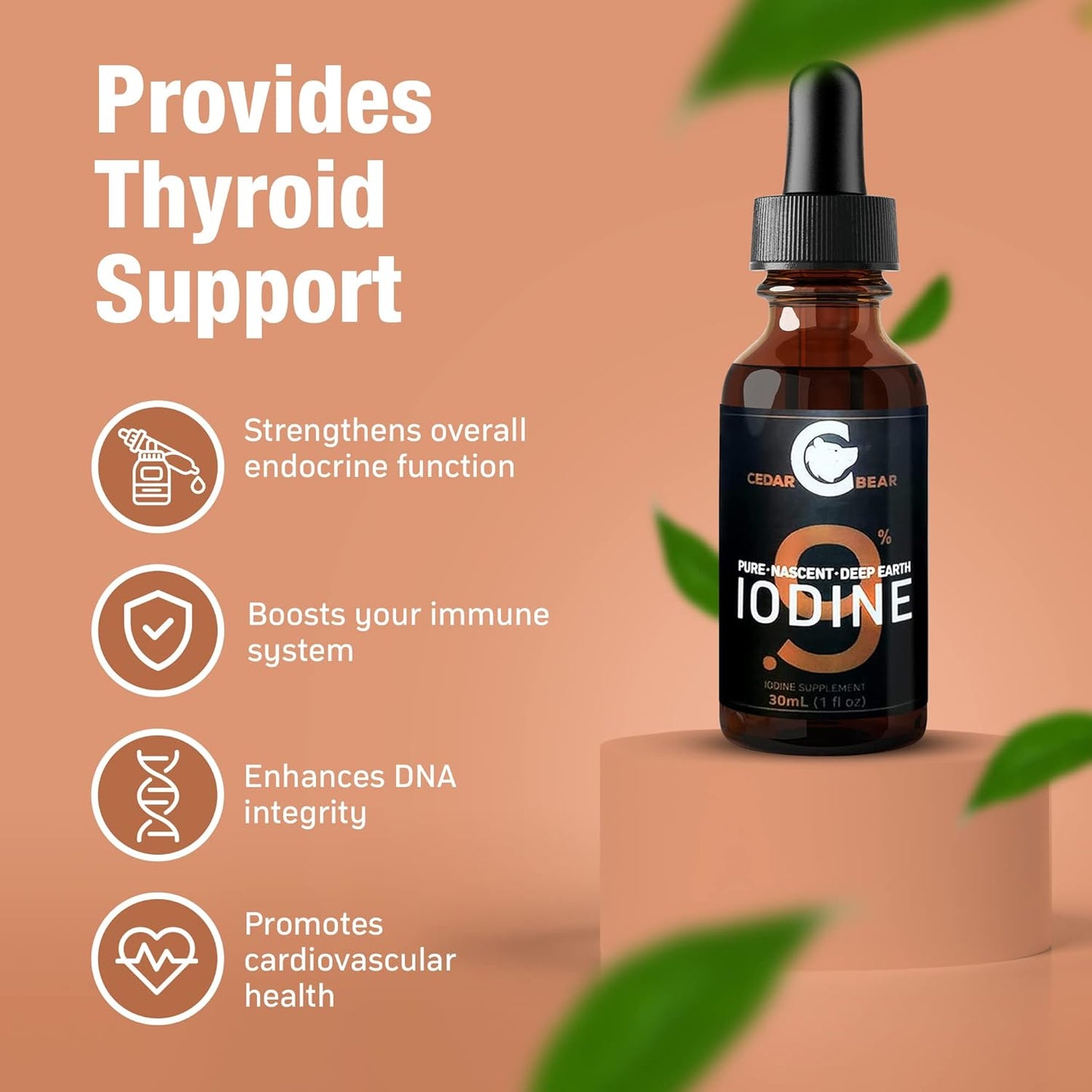 Cedar Bear Naturales Cedar Bear - 0.9% Pure Nascent Deep Earth Iodine Liquid Supplement for Thyroid Support and Metabolism, Alcohol-Free Drops - 1 fl oz