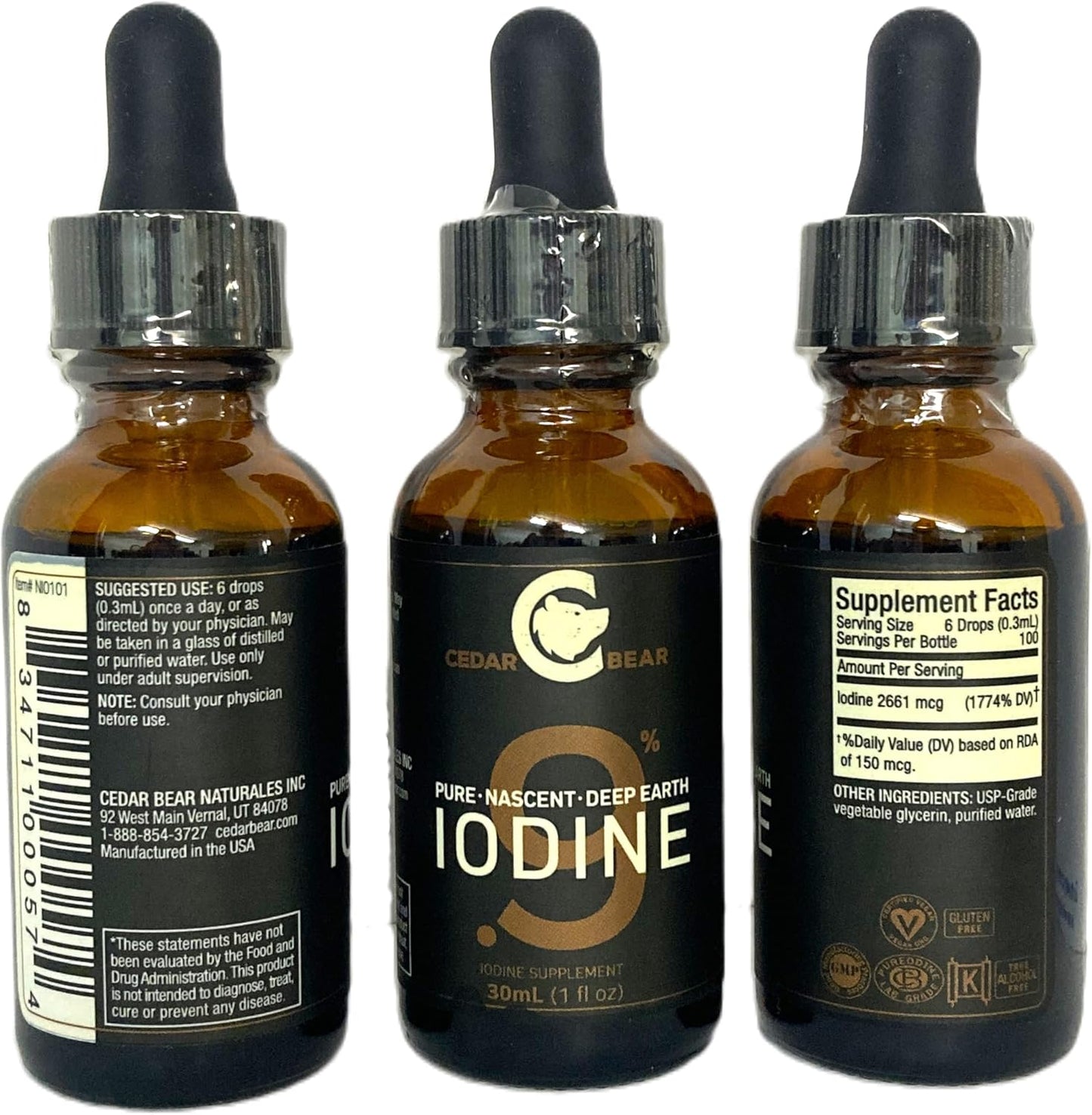 Cedar Bear Naturales Cedar Bear - 0.9% Pure Nascent Deep Earth Iodine Liquid Supplement for Thyroid Support and Metabolism, Alcohol-Free Drops - 1 fl oz