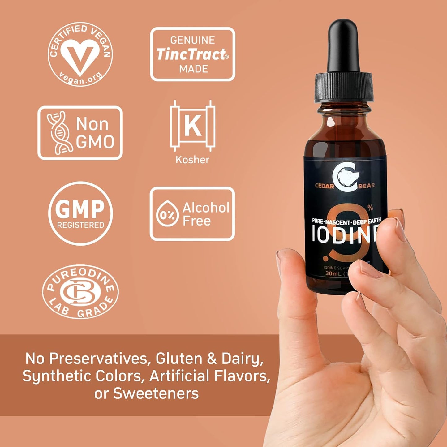 Cedar Bear Naturales Cedar Bear - 0.9% Pure Nascent Deep Earth Iodine Liquid Supplement for Thyroid Support and Metabolism, Alcohol-Free Drops - 1 fl oz