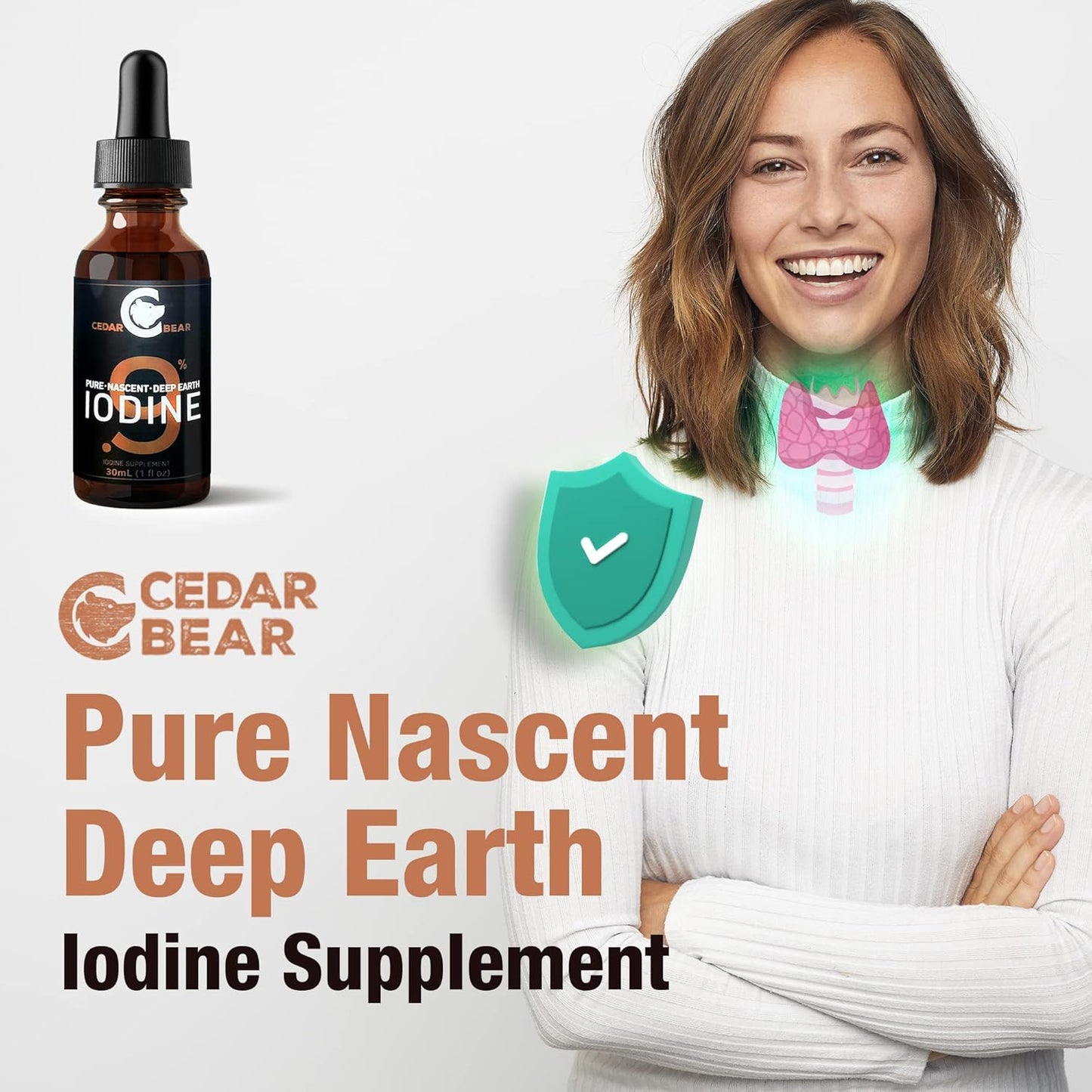 Cedar Bear Naturales Cedar Bear - 0.9% Pure Nascent Deep Earth Iodine Liquid Supplement for Thyroid Support and Metabolism, Alcohol-Free Drops - 1 fl oz