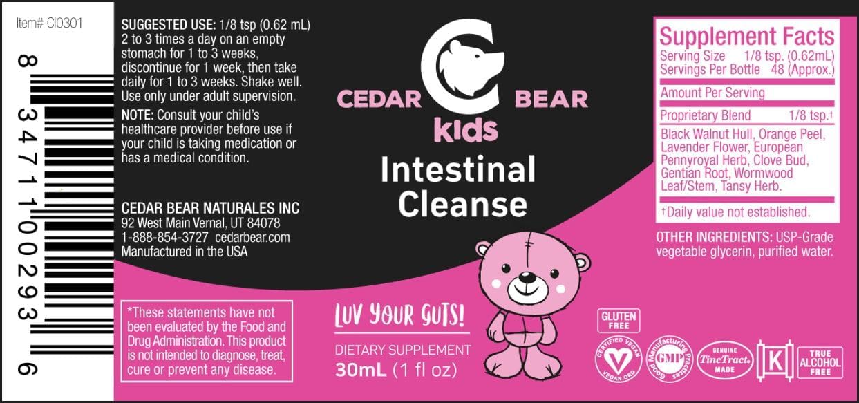 Cedar Bear Naturales Intestinal Cleanse for Kids - Alcohol-Free Liquid Herbal Supplement with Natural Herbs for Detox and Digestive Cleanse, 1 fl oz