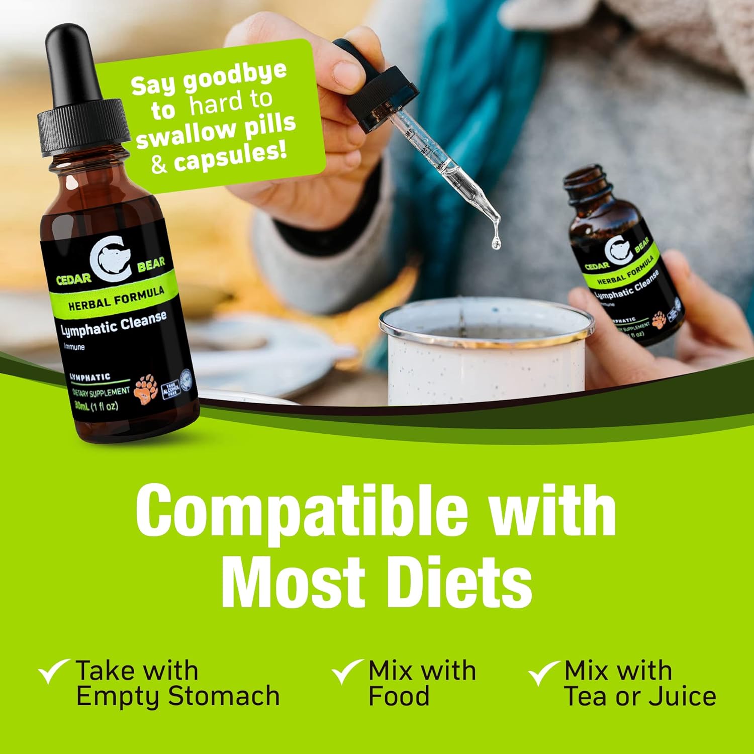 Cedar Bear Naturales Lymphatic Cleanse Supplement - Alcohol-Free Liquid Herbal Drops for Immune Support and Drainage, 1 fl oz